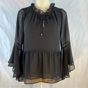 White House Black Market Black Shear Swiss Dot Overlay Flutter Sleeve Blouse 4 👍